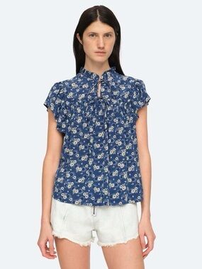 Sea New York Josephine Flutter Blue Floral Ruffle Tie-Neck Blouse, silk, new